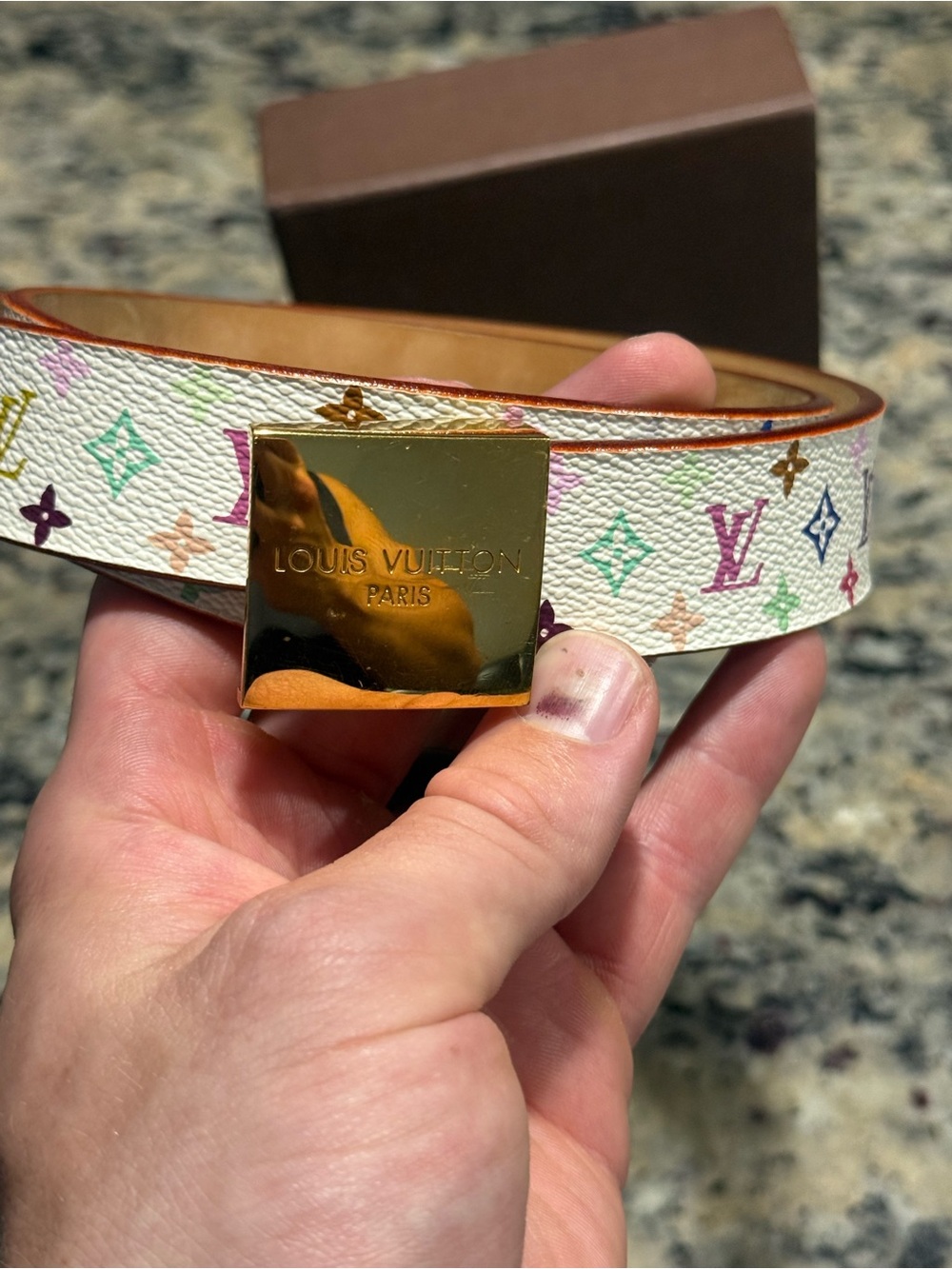 Louis Vuitton White Multicolor Monogram Square Gold Buckle Belt